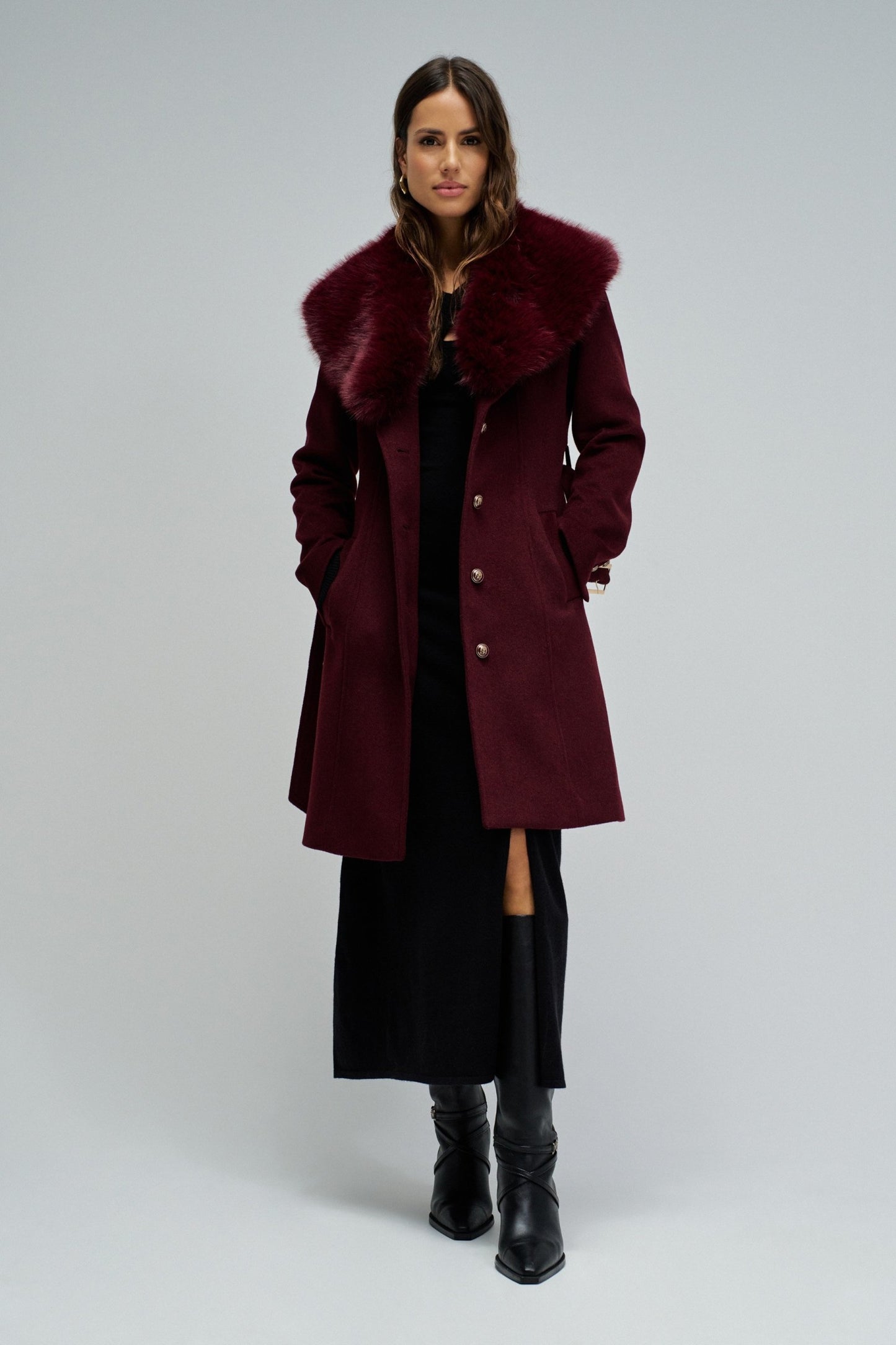 Salsa Fur Collar Coat - Burgundy