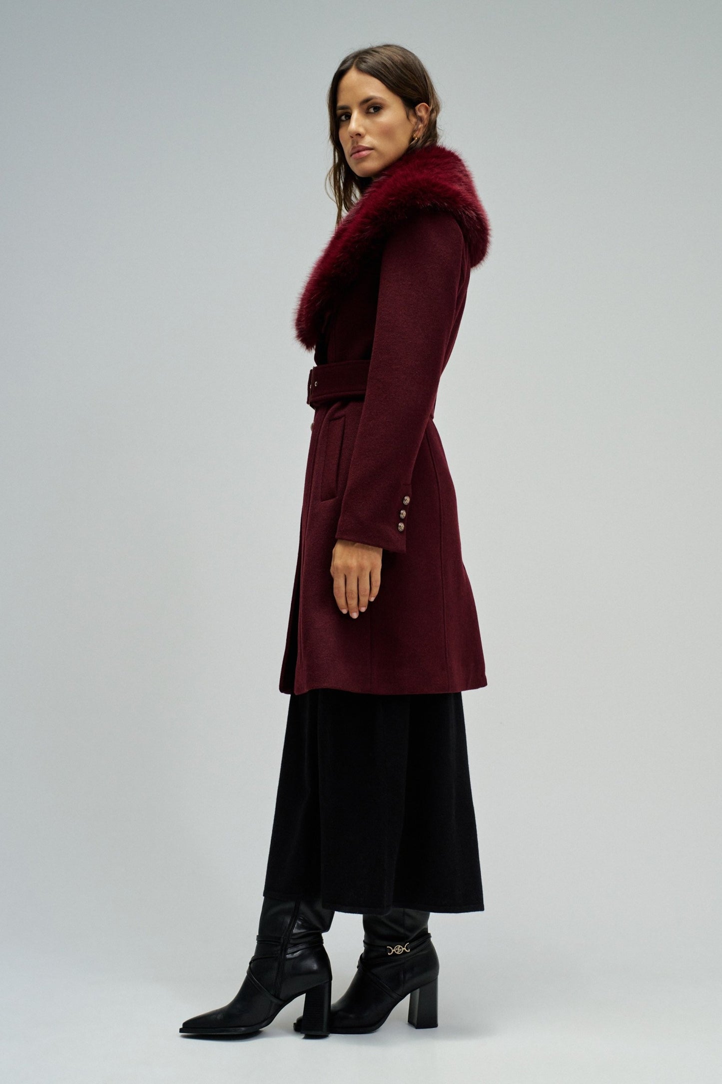 Salsa Fur Collar Coat - Burgundy