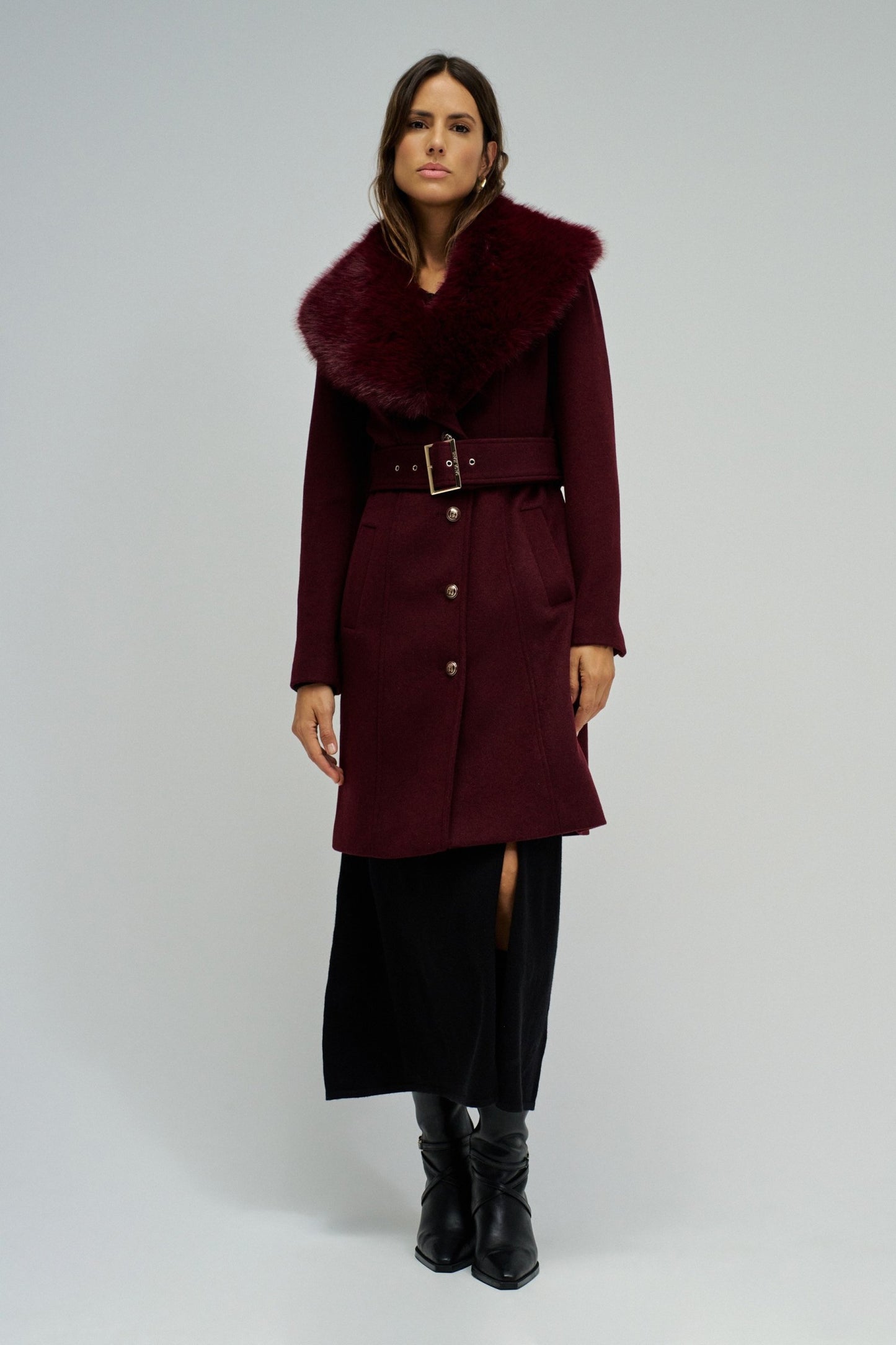 Salsa Fur Collar Coat - Burgundy
