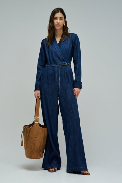 Salsa Belted Denim Wide Leg Jumpsuit
