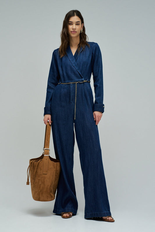 Salsa Belted Denim Wide Leg Jumpsuit
