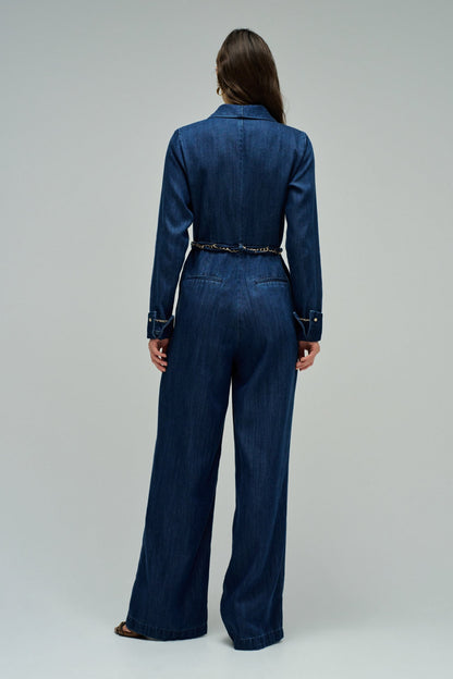 Salsa Belted Denim Wide Leg Jumpsuit