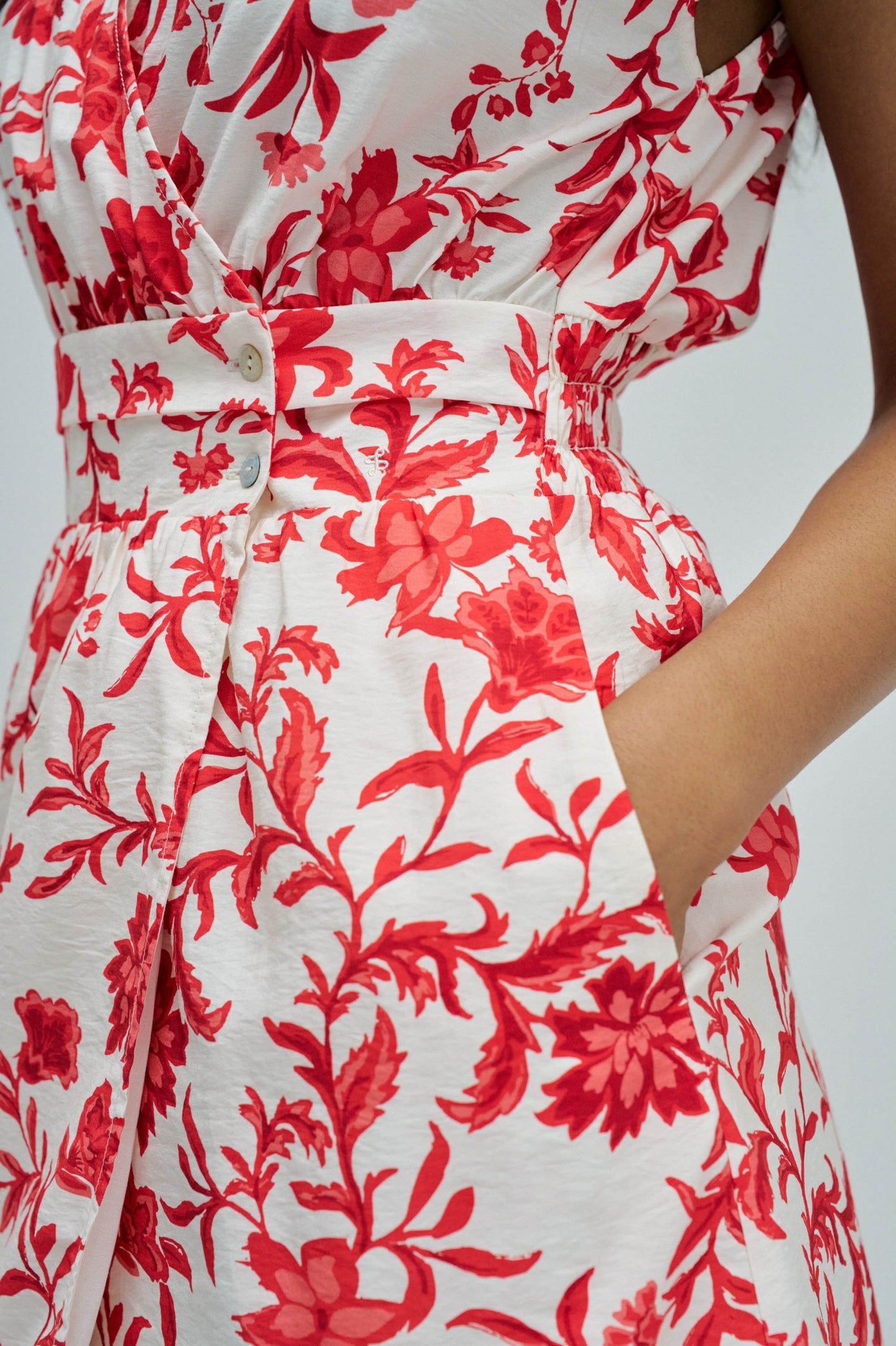 Red floral dress on a white background