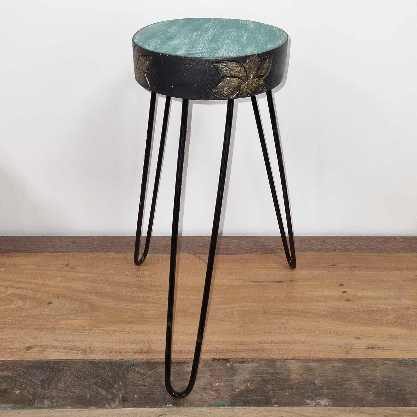 Albasia Wood Plant Stand - Turquoise & Gold Detail