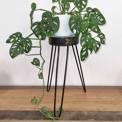 Albasia Wood Plant Stand - Turquoise & Gold Detail