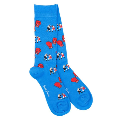 Blue socks with boxing glove and boxer pattern on a white background