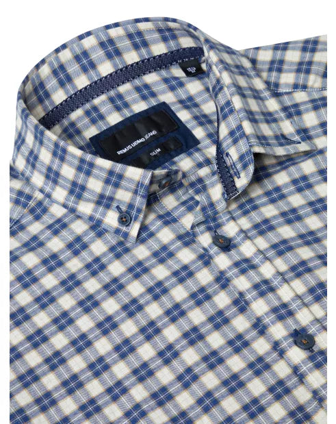 Blue and white checkered shirt with brand label on a white background