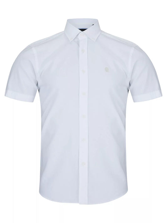 A white short-sleeve button-down dress shirt with a classic collar and a small embroidered logo on the left chest, displayed on a clean white background.