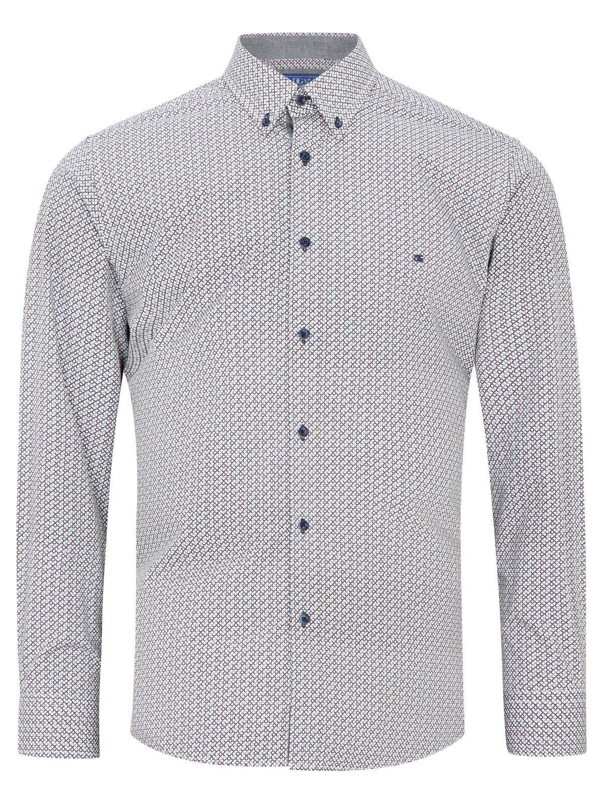 A long-sleeve button-down shirt with a small-scale geometric pattern in white, gray, and navy blue, featuring a classic collar and a single chest pocket.