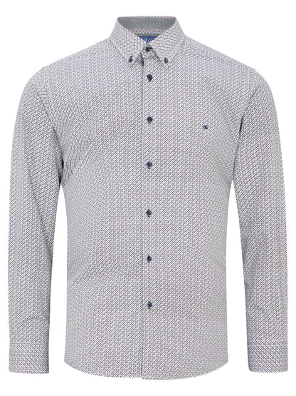 A long-sleeve button-down shirt with a small-scale geometric pattern in white, gray, and navy blue, featuring a classic collar and a single chest pocket.