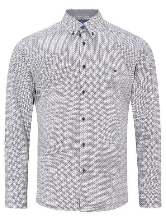 A long-sleeve button-down shirt with a small-scale geometric pattern in white, gray, and navy blue, featuring a classic collar and a single chest pocket.