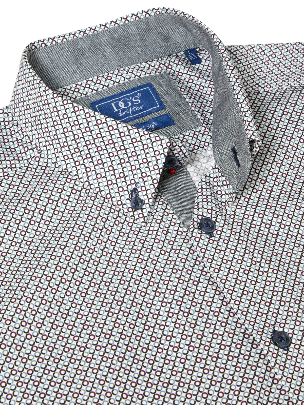 Close-up of a collared button-down shirt by D's Designer, featuring a white base with a repeating red and blue geometric pattern and a solid gray inner collar.