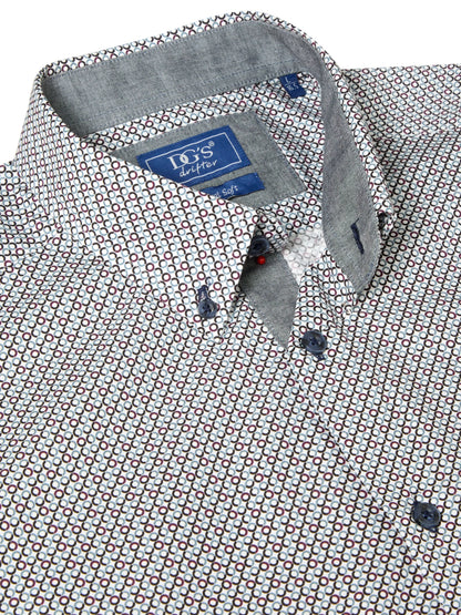 Close-up of a collared button-down shirt by D's Designer, featuring a white base with a repeating red and blue geometric pattern and a solid gray inner collar.