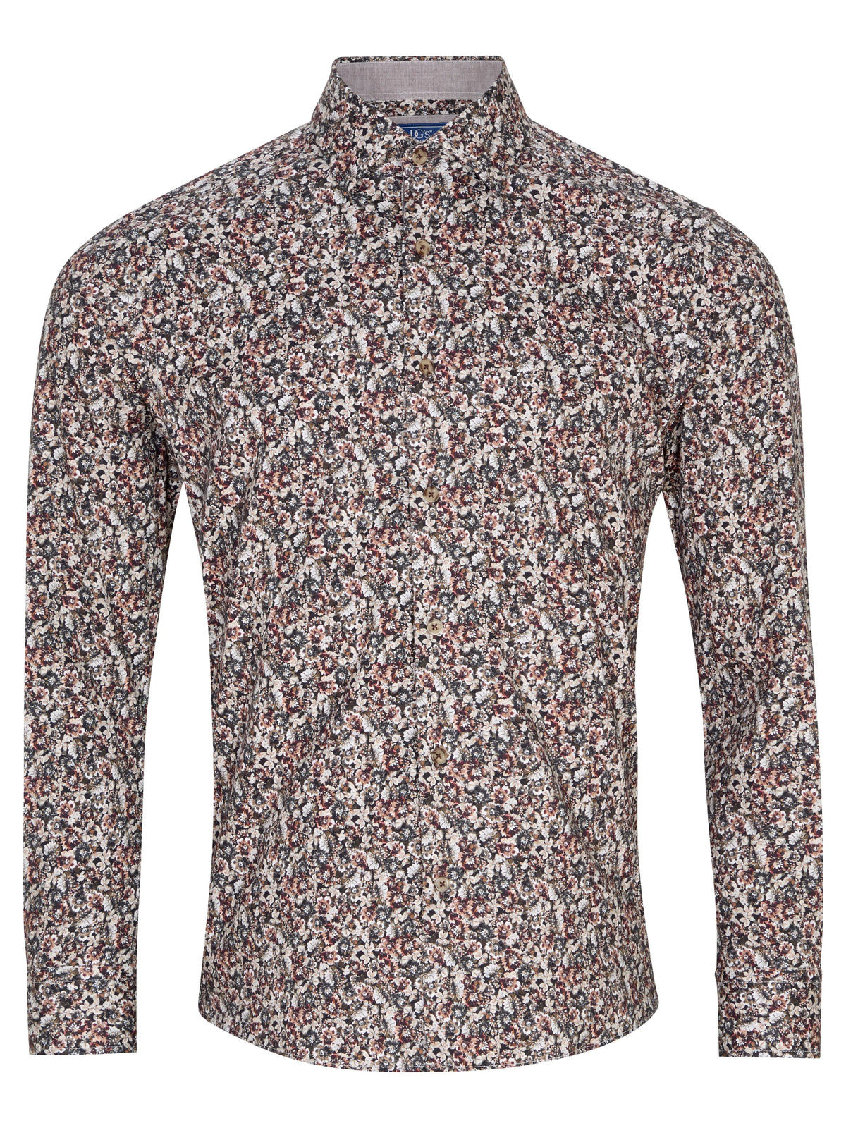 A long-sleeve mock neck shirt with an all-over dense abstract print in black, white, and muted red, shown on a plain white background.