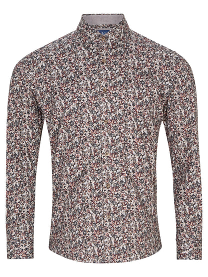 A long-sleeve mock neck shirt with an all-over dense abstract print in black, white, and muted red, shown on a plain white background.