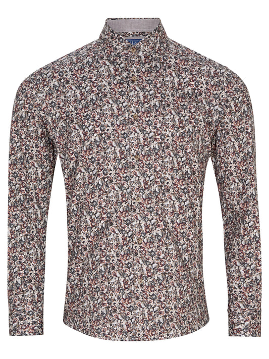 A long-sleeve mock neck shirt with an all-over dense abstract print in black, white, and muted red, shown on a plain white background.