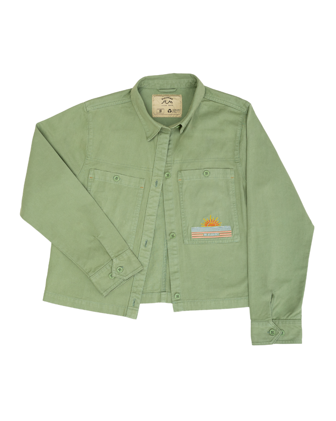 Green jacket with a brand label on a white background
