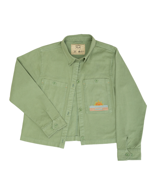 Green jacket with a brand label on a white background