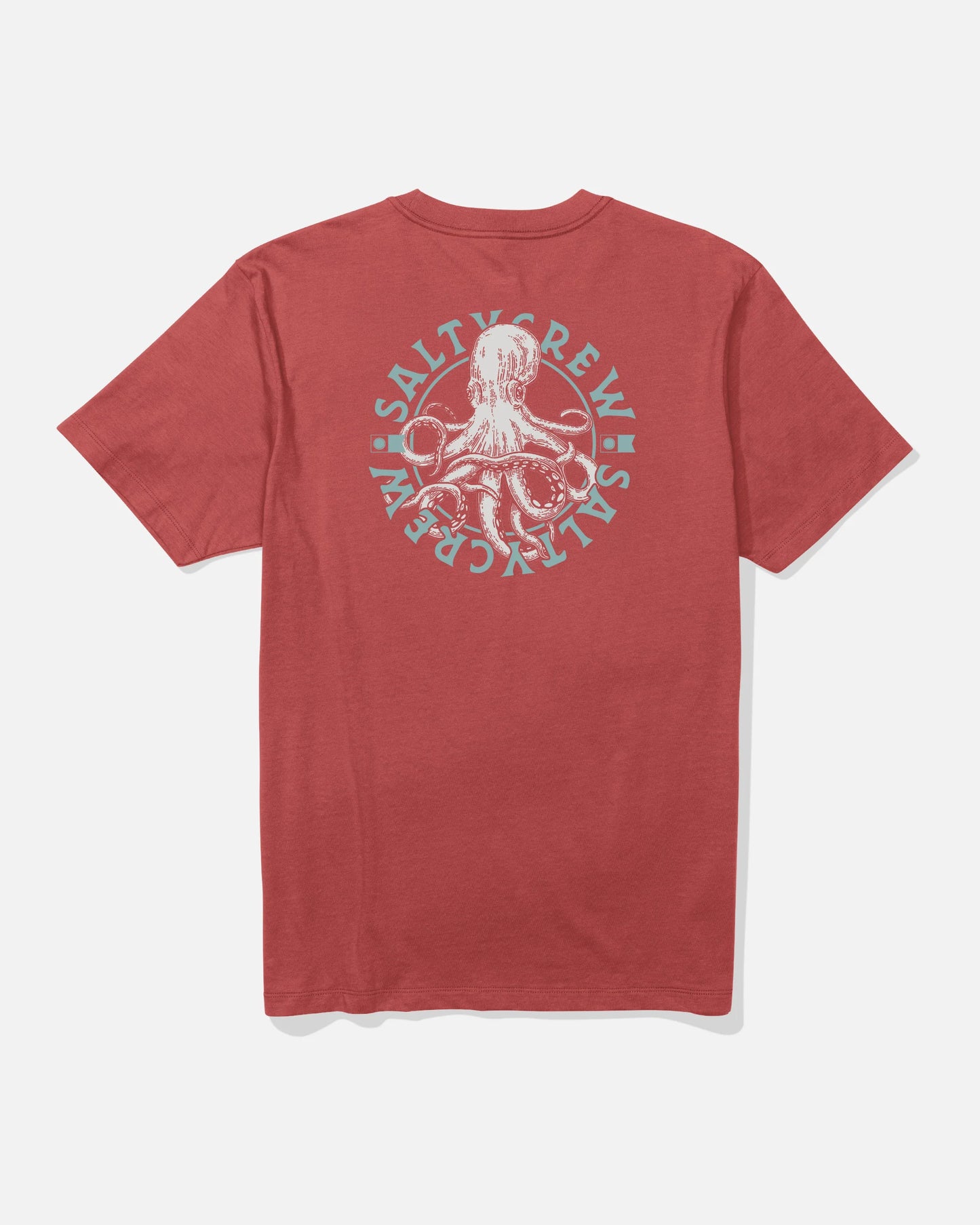 Red t-shirt with an octopus graphic and 'Salty Crew' text on a white background