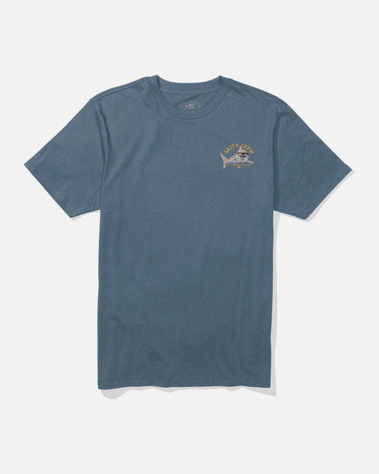 Blue t-shirt with a logo on a white background