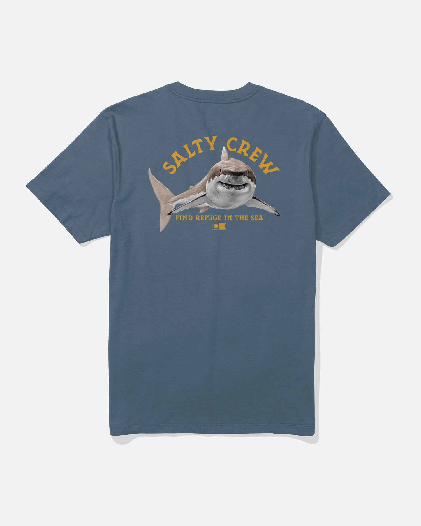 Blue t-shirt with a shark graphic and 'Salty Crew' text on a white background