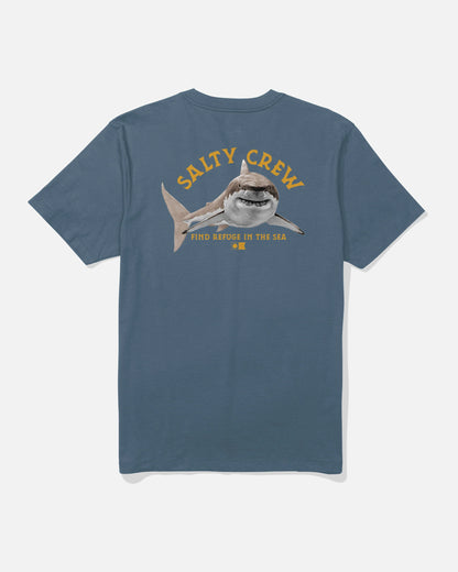 Blue t-shirt with a shark graphic and 'Salty Crew' text on a white background