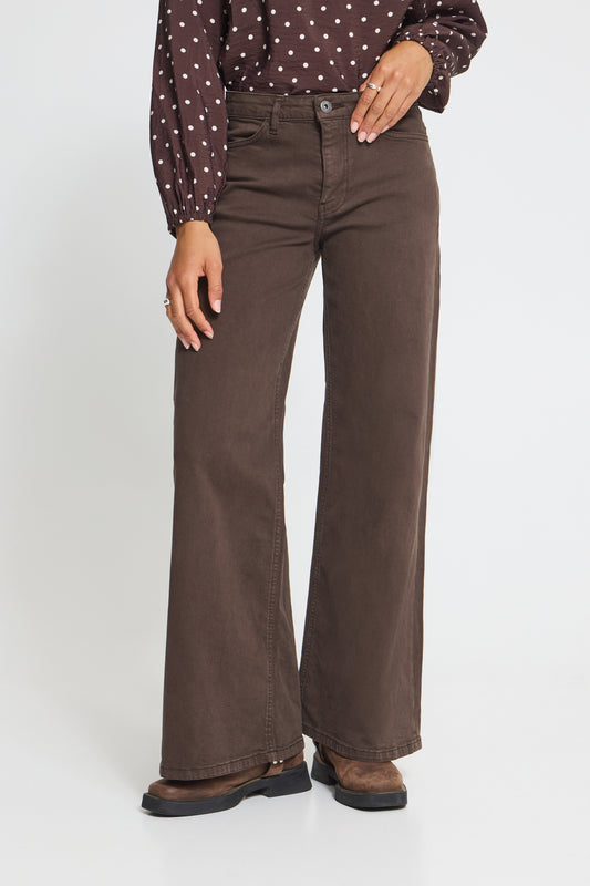 A person wearing dark brown wide-leg pants, a brown long-sleeve blouse with white polka dots, and brown shoes, photographed against a light gray studio background.