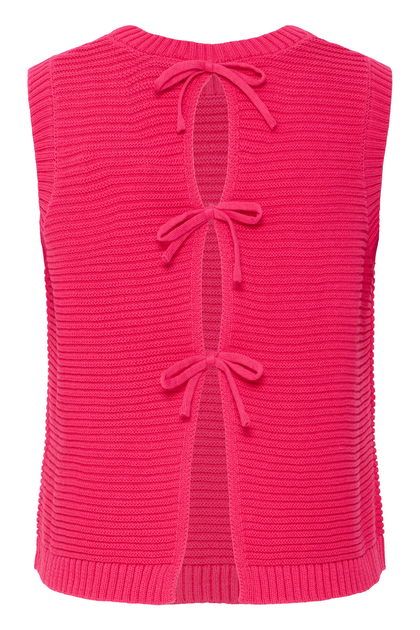 Pink knitted vest with bow details on a white background