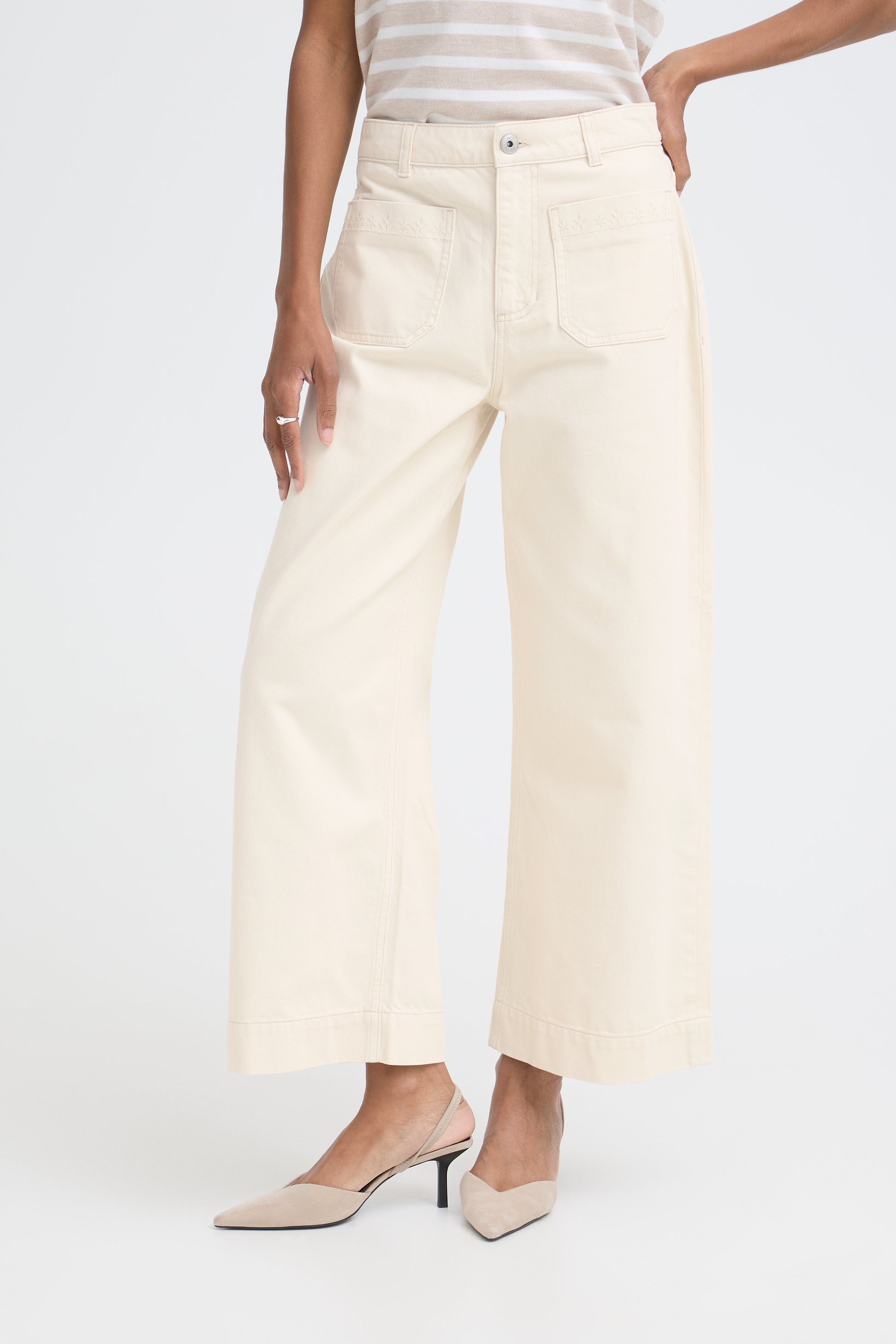 Person wearing cream-colored wide-leg pants on a white background
