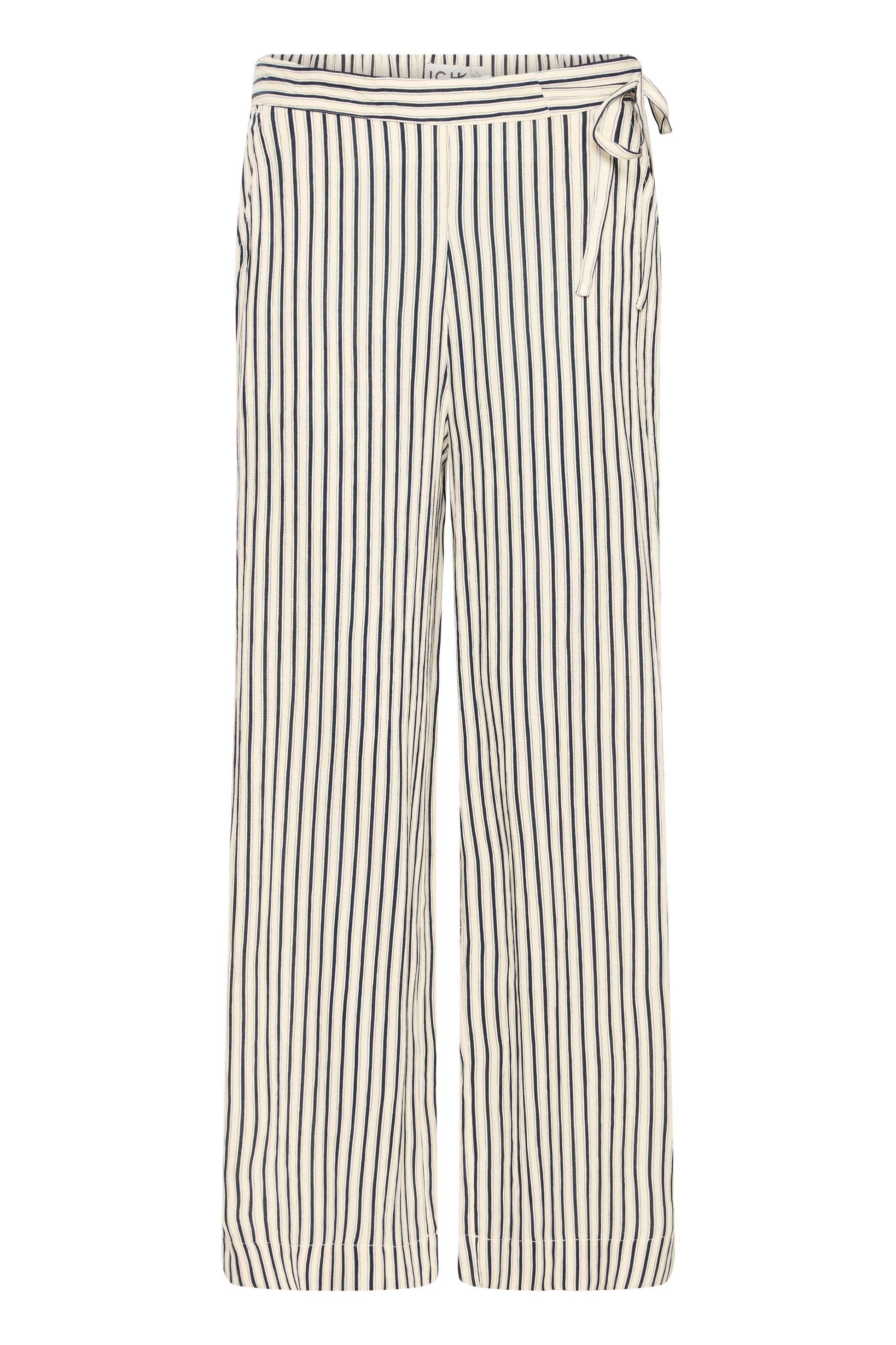 Striped pants with a tie waist on a white background