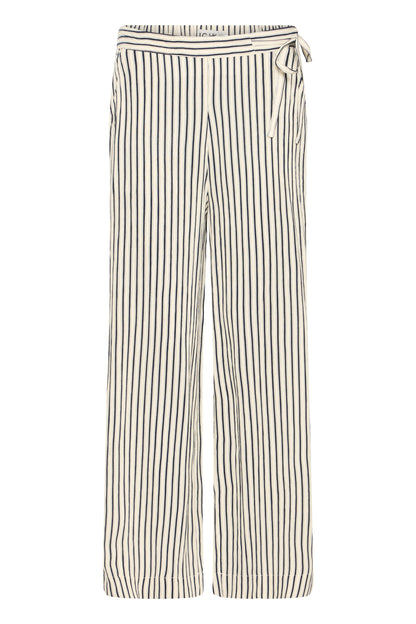 Striped pants with a tie waist on a white background