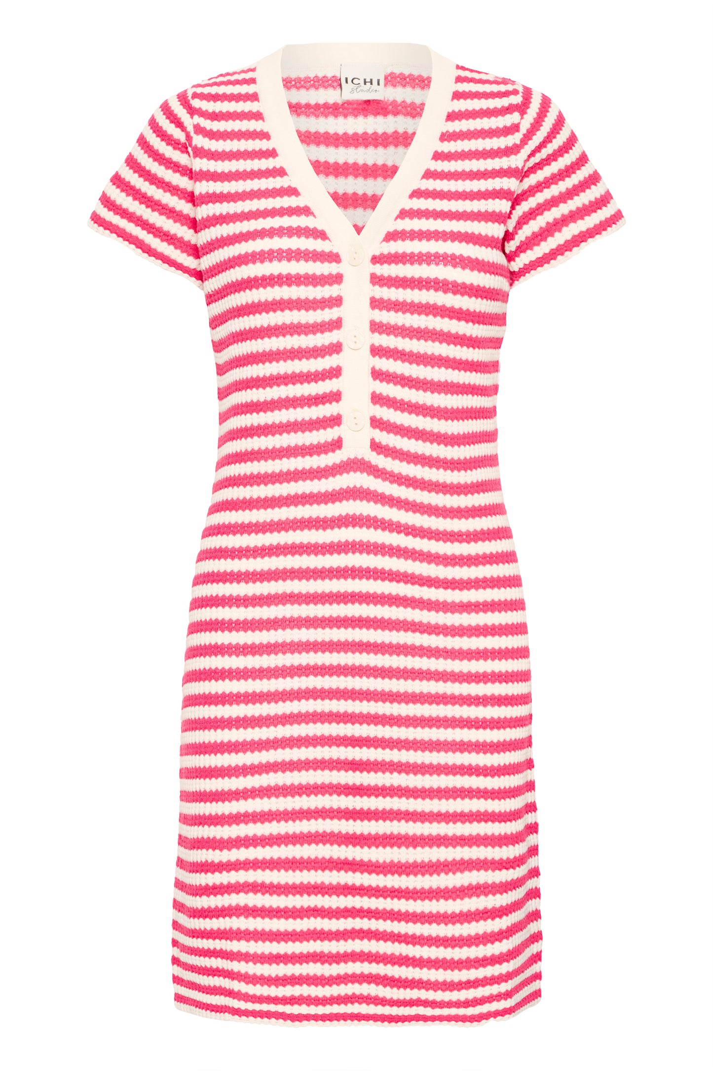 Pink and white striped dress on a white background