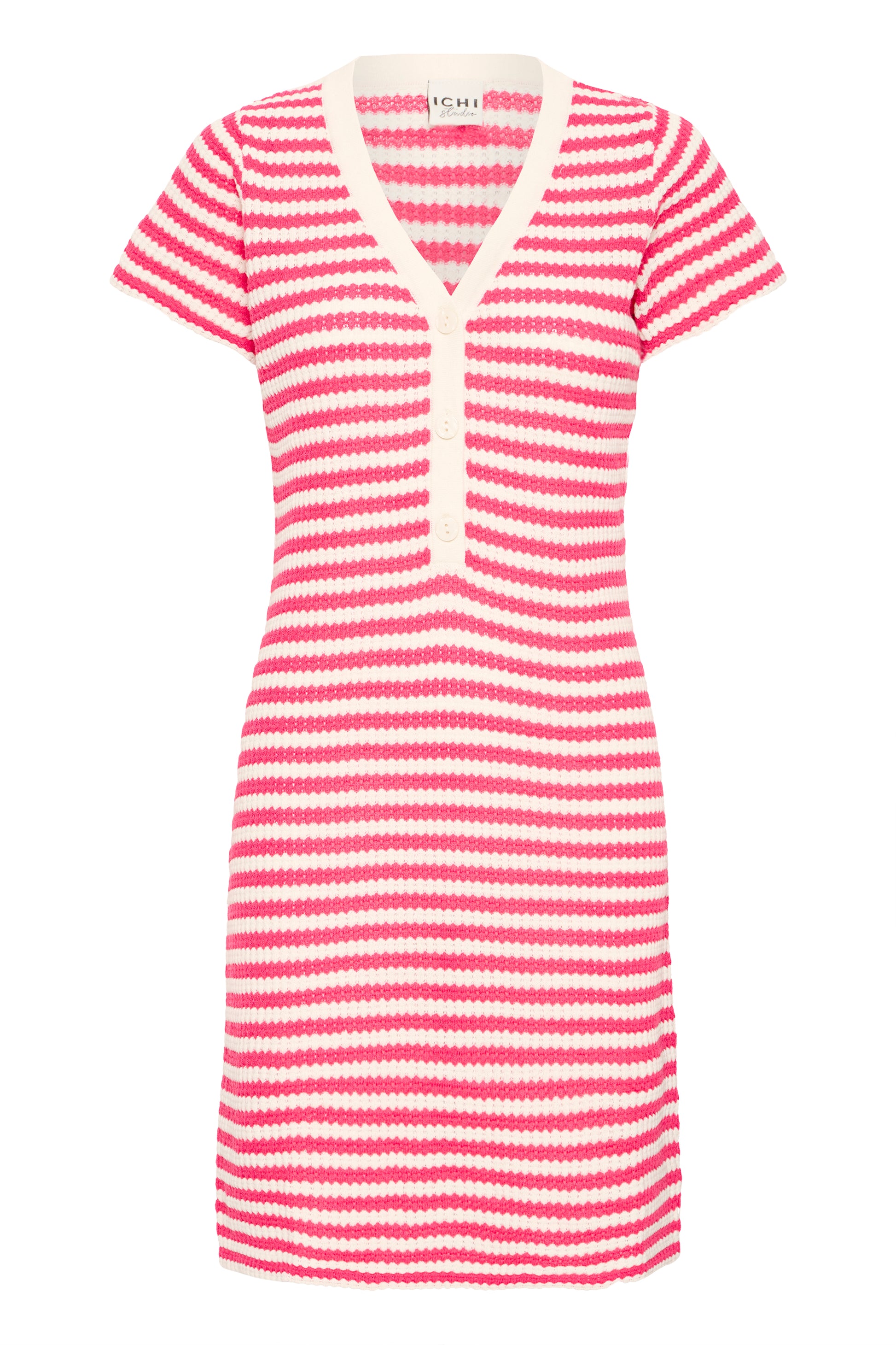 Pink and white striped dress on a white background