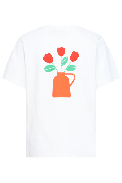 White t-shirt with a red vase and flowers graphic on a white background