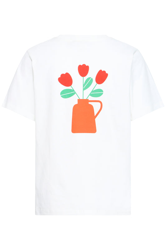 White t-shirt with a red vase and flowers graphic on a white background
