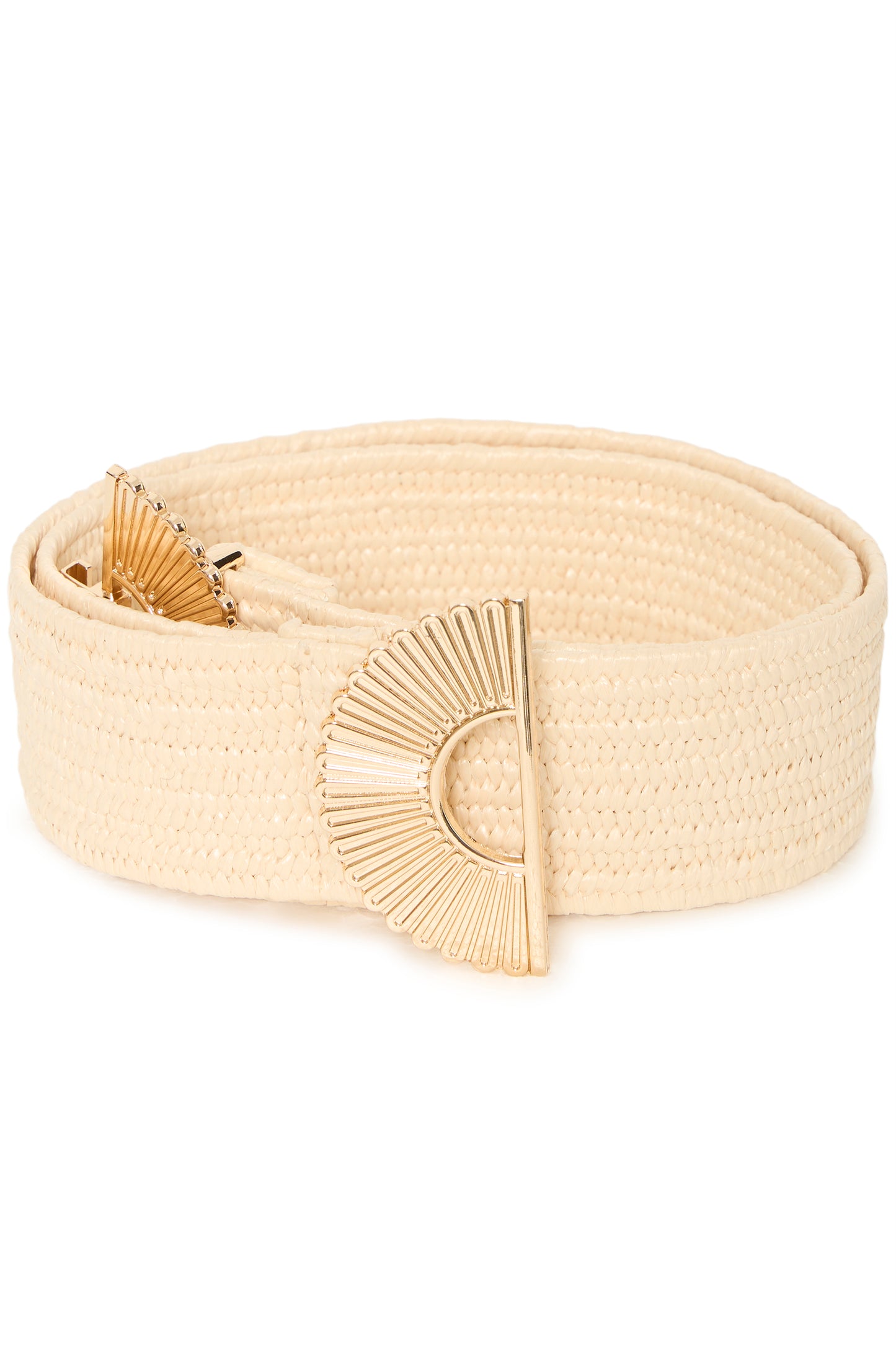 Beige woven belt with a decorative buckle on a white background