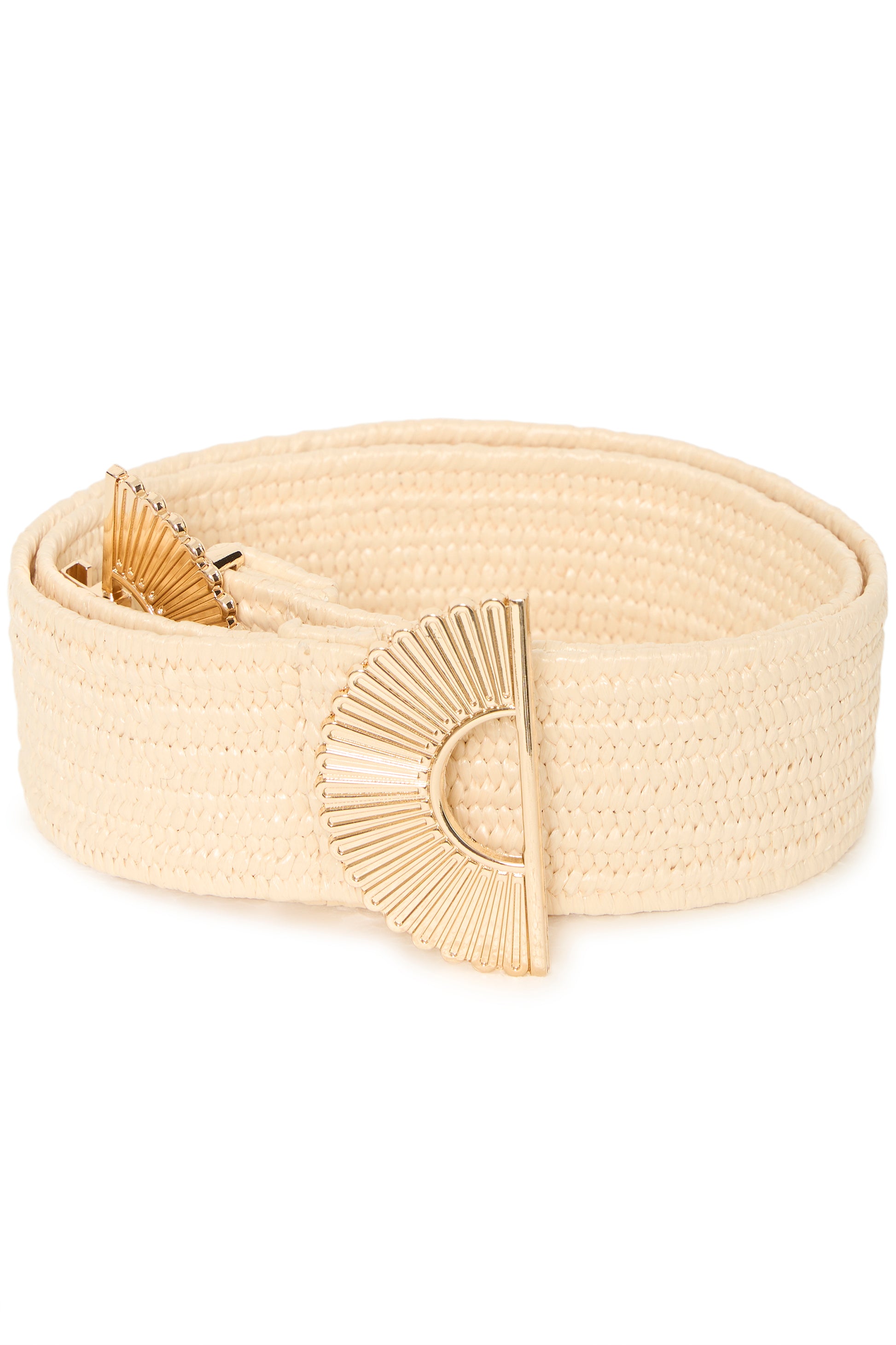 Beige woven belt with a decorative buckle on a white background