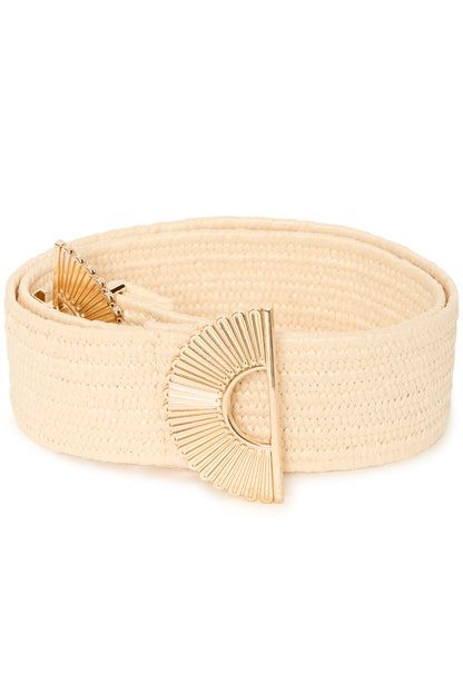 Beige woven belt with a decorative buckle on a white background