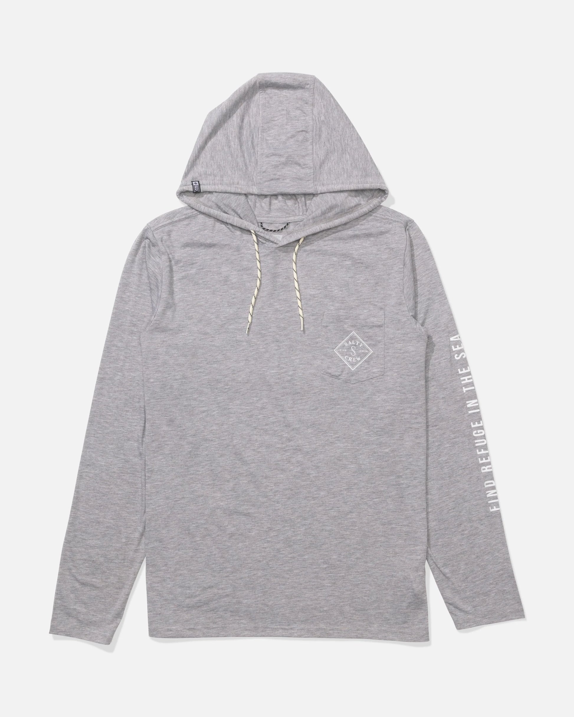 Gray hoodie with a logo on the chest and text on the sleeve against a white background