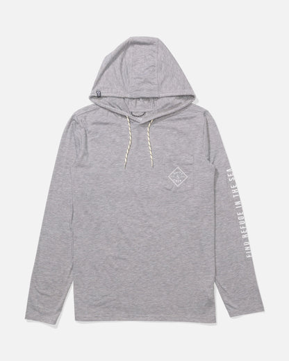 Gray hoodie with a logo on the chest and text on the sleeve against a white background