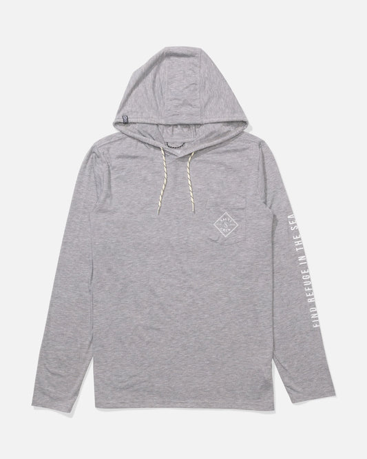 Gray hoodie with a logo on the chest and text on the sleeve against a white background