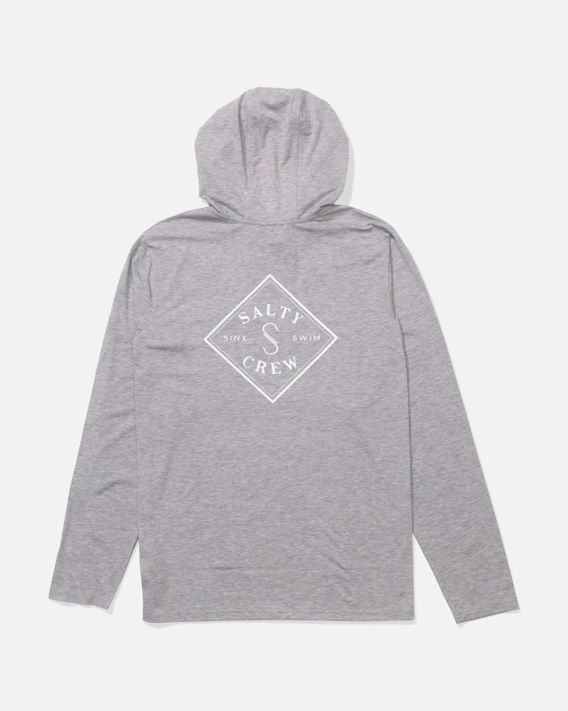Gray hoodie with a logo on the back against a white background