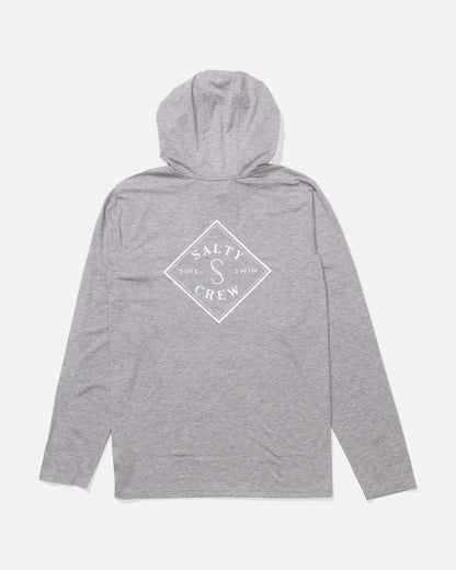 Gray hoodie with a logo on the back against a white background