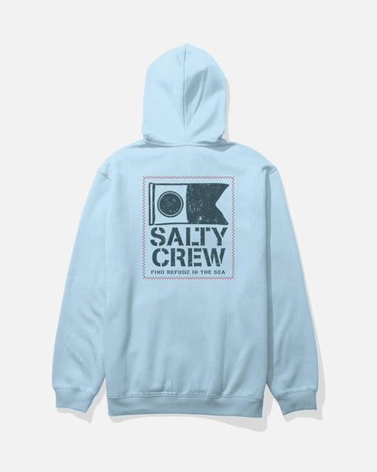 Light blue hoodie with Salty Crew logo on the back against a white background