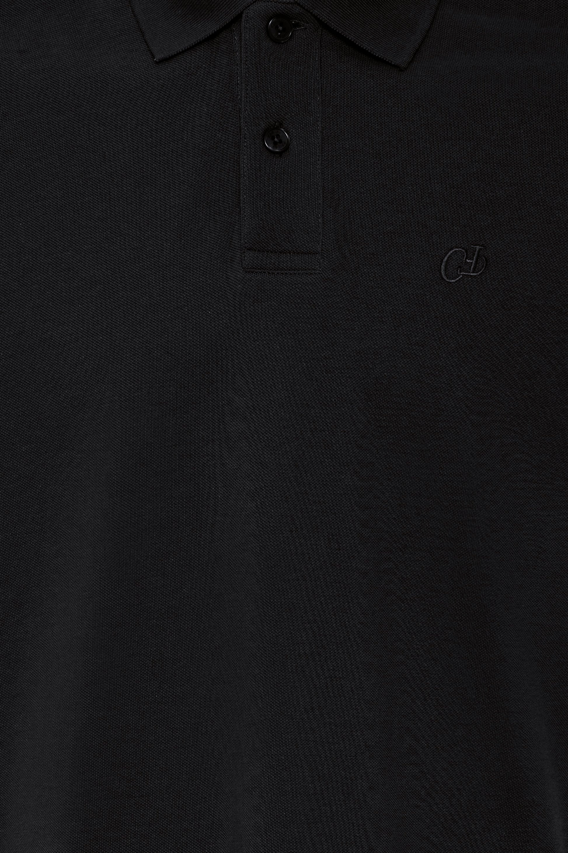 Close-up of a black polo shirt with buttons and a brand logo.