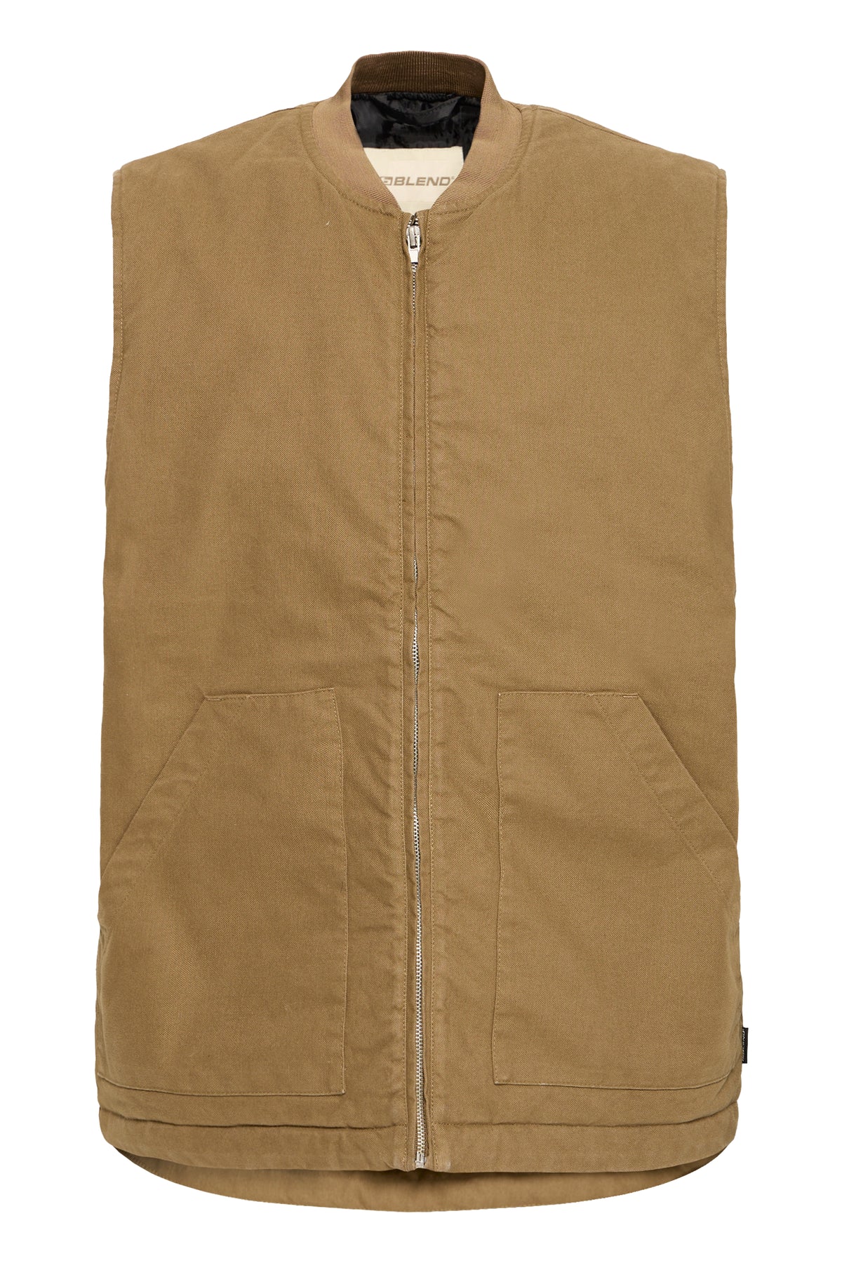 A sleeveless zip-front vest in a warm camel brown color, featuring a ribbed collar, two large front patch pockets, and a silver zipper, shown against a plain white background.