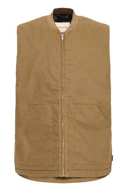 A sleeveless zip-front vest in a warm camel brown color, featuring a ribbed collar, two large front patch pockets, and a silver zipper, shown against a plain white background.