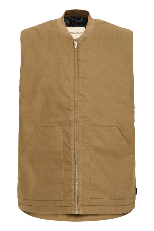 A sleeveless zip-front vest in a warm camel brown color, featuring a ribbed collar, two large front patch pockets, and a silver zipper, shown against a plain white background.