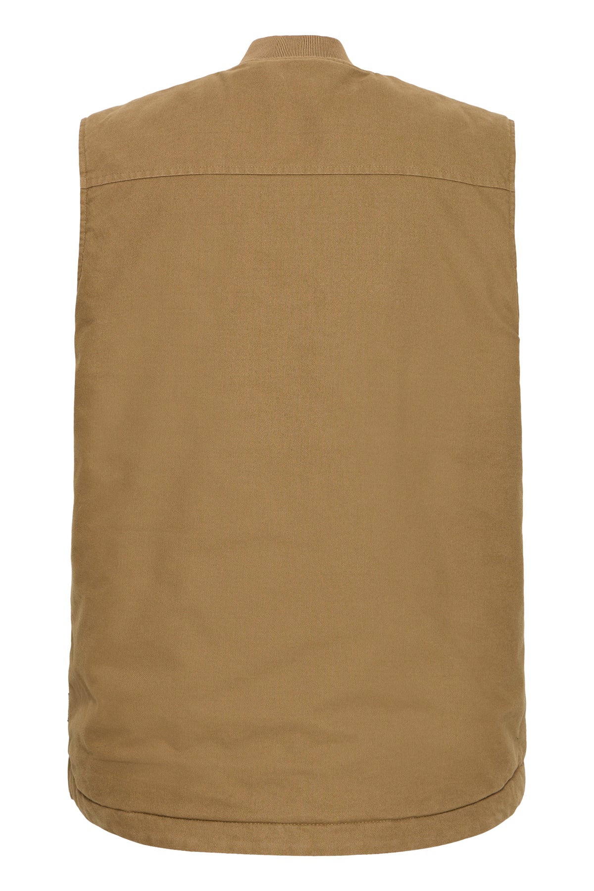 A tan sleeveless button-up shirt vest shown from the back, photographed against a solid white background.