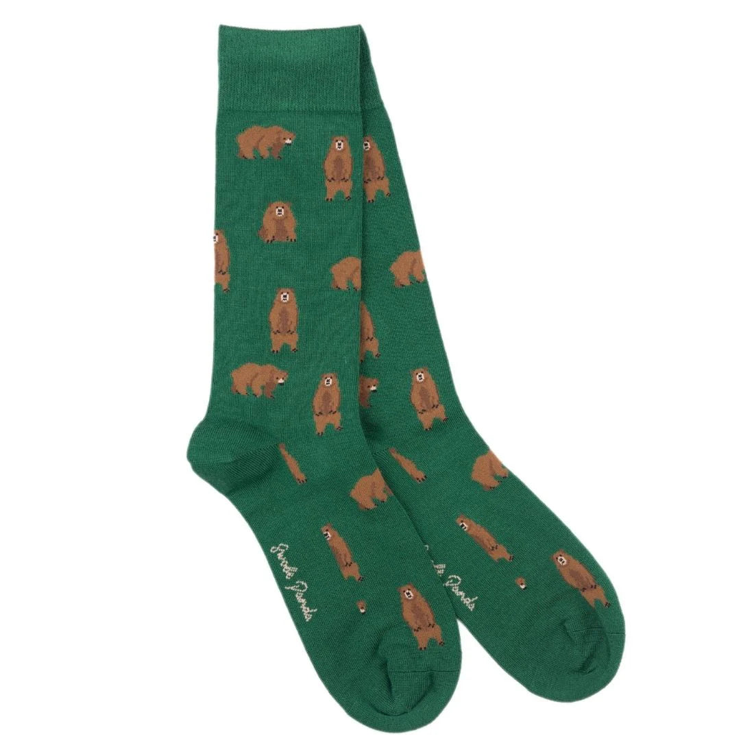 Green socks with brown bear pattern on a white background